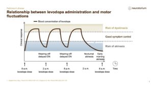Relationship between levodopa administration and motor fluctuations